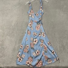MINKPINK Dress Womens XS Floral True Wrap Midi Light Blue Tie Shoulder V Neck
