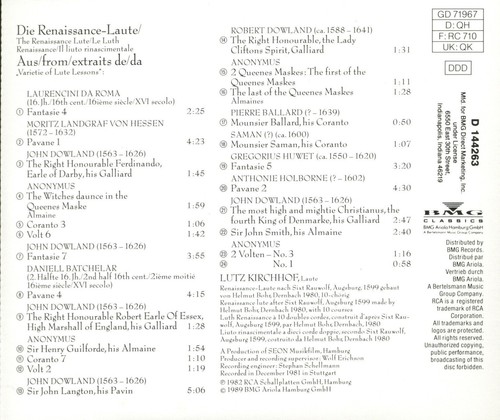 The Renaissance Lute: Varietie of Lute Lessons, Lutz Kirchhof (CD, 1982) -VG - Imagen 2 de 3