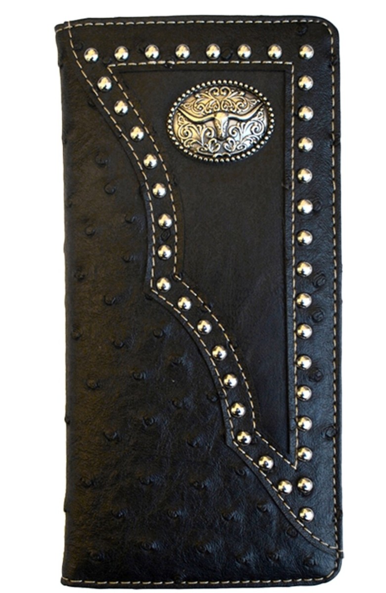 Men's Western Genuine Leather Bifold Wallet - Basketweave With Longhorn Metal Concho, Brown