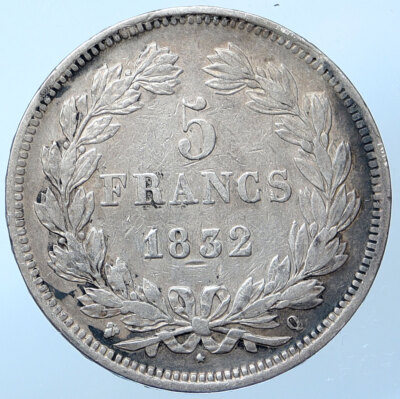 1832 A FRANCE King Louis Philippe I French Antique Silver 5 Francs