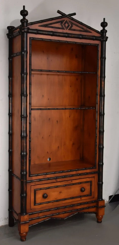 Antique Bookcase/Display Cabinet Pine with Black Bamboo Motif - Image 4 of 4