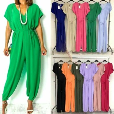 Ladies Women's V-Neck Tie Belted Waist Harem Wide Leg Jumpsuit Summer Playsuits