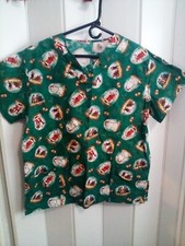 Scrub Top Womens S-M Christmas Snow Globes Santa Snowmen Bells Holly Handmade