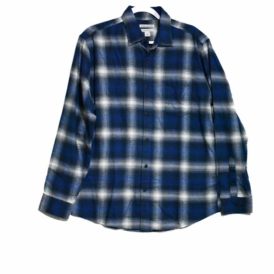 Amazon Essentials Mens Blue White Plaid Button Up Shirt Long
