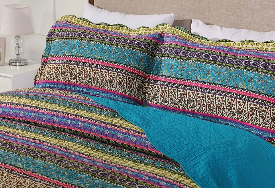 Boho Chic Pre-Washed Cotton Quilt Set Bohemian Floral Bedspread Daybed Cover Set - Image 3 of 4