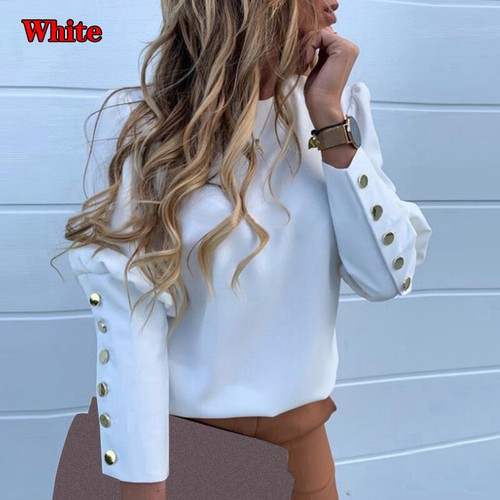 Women Blouse O-Neck Button Long Sleeve Pullover Shirt Puff Shoulder Tops Fashion - Picture 13 of 53