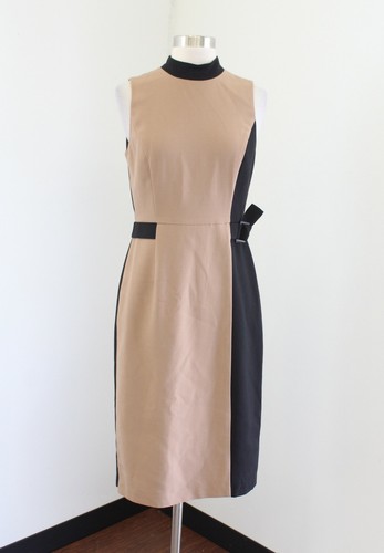White House Black Market Black Camel Tan Color Block Mock Neck Sheath Dress Sz 4