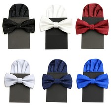 Men Fashion Silver Polka Dots Bow Tie Bowtie Pre-folded Pocket Square Hanky Set