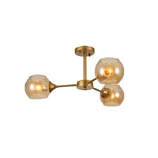 Gold Semi Flush Ceiling Light E27 Amber Sides Open Globe Glass