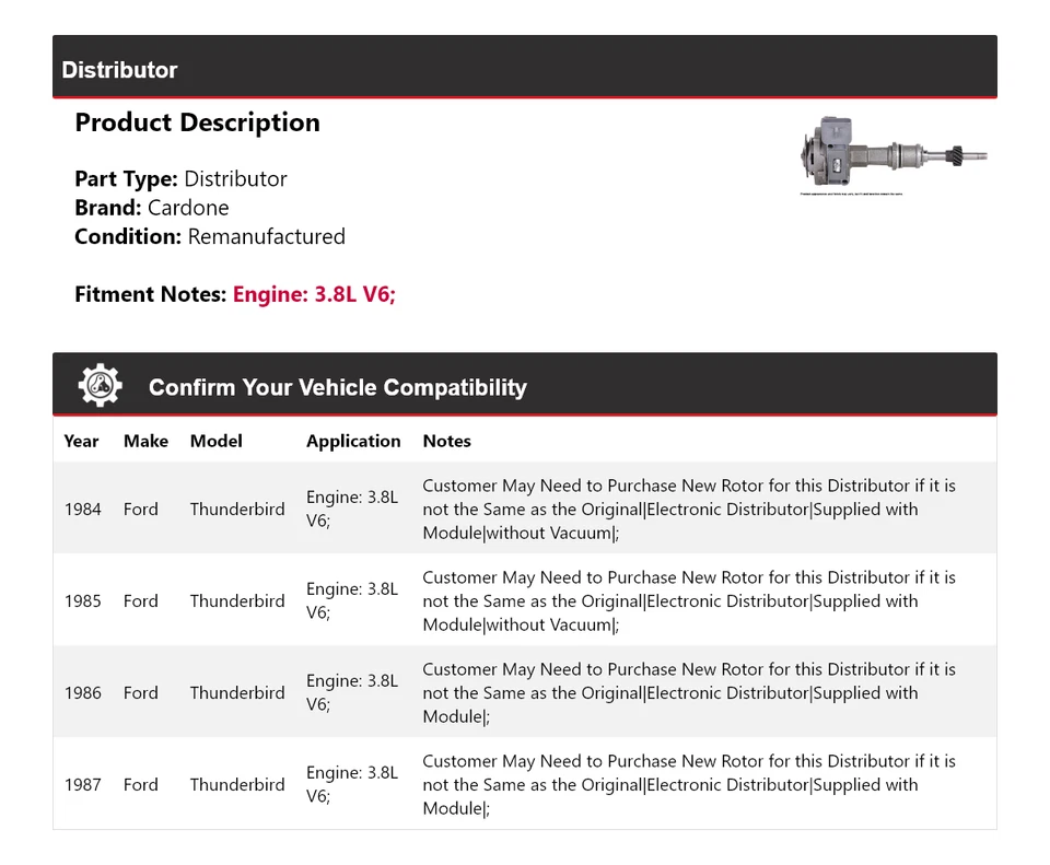 Ford Thunderbird 1984-1987 3,8 L V6 distribuidor Cardone 1985 1986 Foto 2 de 4