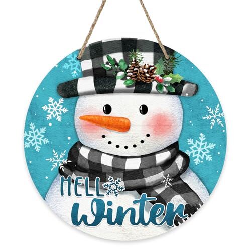 Hello Winter Snowman Front Door Sign, Buffalo Plaid Check Snowflakes Wood Blue - Picture 1 of 6