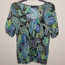 Womens Apt 9 Top Size S Blue Turquoise Black Paisley Peasant Cami Elastic Waist