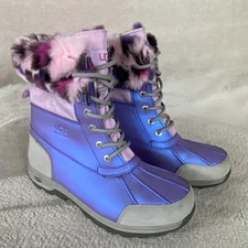 UGG Butte II Leopard Boots Girls Size 6 Purple Leather Waterproof Sheepskin NEW