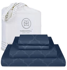 Threadmill Cotton Sheets King Size Bed Blue Geometric Damask Sateen Deep Pocket