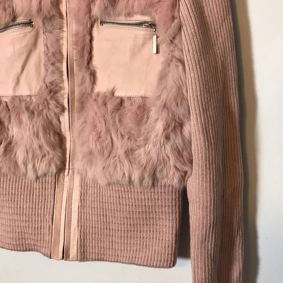 Vintage Rabbit Fur Y2K Blush Pink Leather Trim Ribbed Knit Full Zip Jacket Large - Image 2 of 4