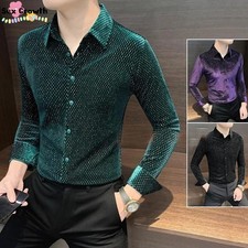 Men's Long Sleeve Velvet Dress Shirts Glitter Sequins Formal Slim Fit Prom Shirt