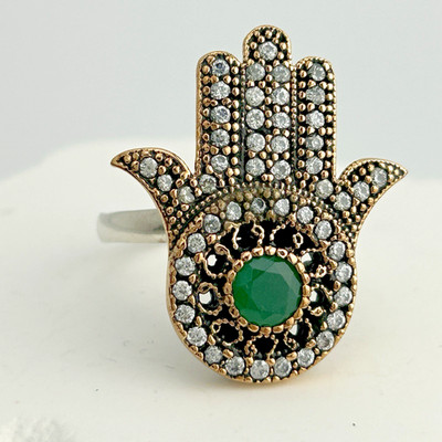 ARRAUS Hamsa Hand Ring Emerald Bronze 925 Silver Pave Crystal Iced CZ 10.75 new