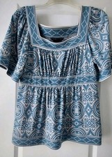 BCBGMAXAZRIA Womens M Blue Ivory Square Neck Peasant Top Blouse Boho Babydoll