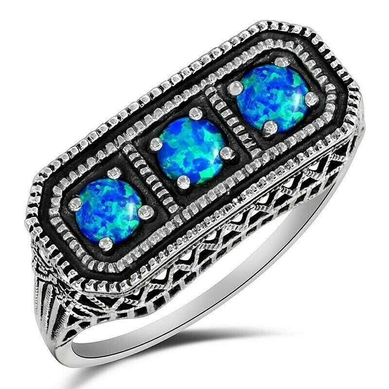 2CT  Blue Fire Opal 925 Solid Sterling Silver Ring Sz 8 F3-8