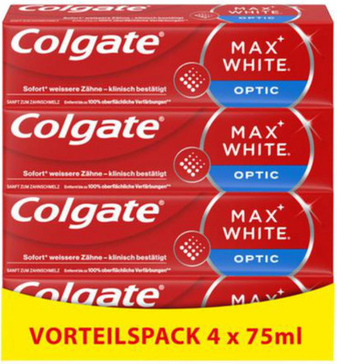 Colgate Zahnpasta Max White Optic Whitening entfernt Verfärbungen 4x 75 ml