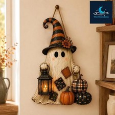 Rustic Halloween Ghost Door Hanger, Wooden Pumpkin Porch Sign, Farmhouse Wall