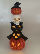 Halloween Light Up Stacked Pumpkin Skull Cat Jack-O  -Lantern Decoration 12  