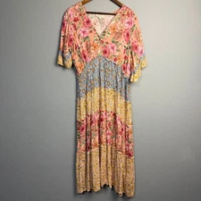 Umgee XL Floral Boho Babydoll Mixed Media Maxi Dress Flutter SL Tiered Ruffle