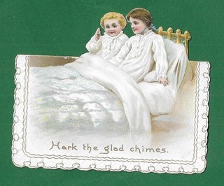 VICTORIAN CHRISTMAS GREETINGS CARD. EMBOSSED LITHOGRAPH CHILDREN READY FOR BED.
