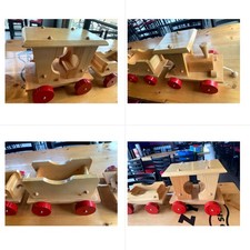 Vintage Handmade Wooden Pull Train Set Natural Wood Red Wheels Engine  3 Cars