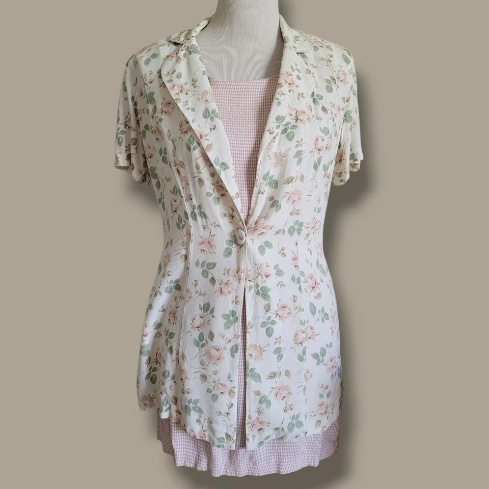 复古 All That Jazz 2 件装迷你连衣裙 Cottagecore 9/10 S/M 粉红色花卉格子 — 第 2/4 张图片