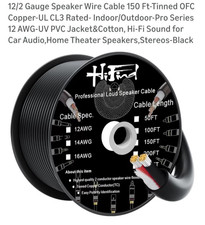 12/2 Gauge Speaker Wire Cable 150 Ft-Tinned OFC Copper-UL CL3 Rated- Indoor/Outd