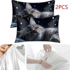 2PCS Sleeping Cat Throw Pillow Covers Black Light Star Cat Pillowcases Bed Decor