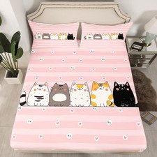 Kids Cat Fitted Sheet Full Size Cats Print Bed Sheet Set for Boys Girls Teens...