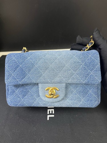 AUTH Chanel Classic Flap 24S Gradient Blue Denim Gold Hardware Shoulder Bag