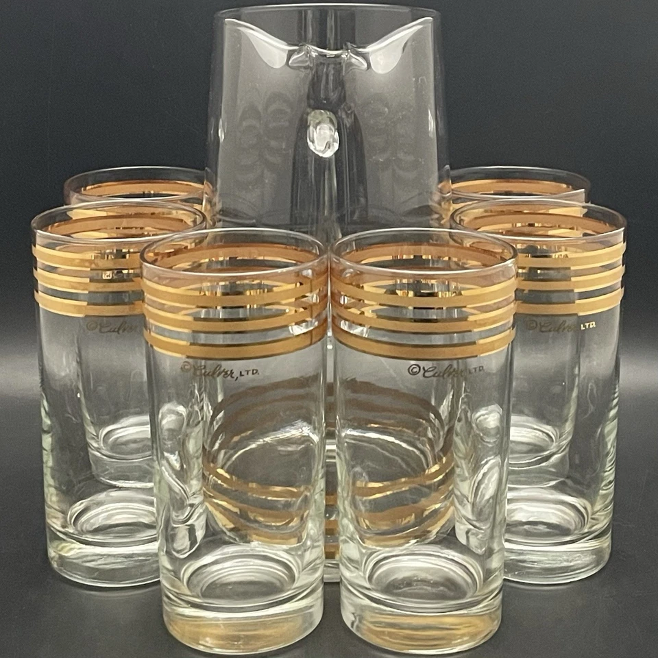 Jarra y vasos de cóctel Tom Collins Culver 2 tonos a rayas doradas 7 piezas hechos en EE. UU. Foto 3 de 4