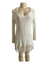 Paper Crane Cream Knit Fringe Hooded Sweater Dress/Tunic Size Small