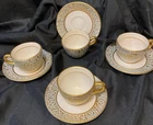 4 Stangl Florentine Flat Cups & Saucers Sets Vintage MCM Pottery Gold Scroll
