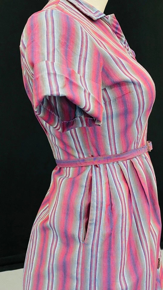 Vestido Vintage Años 60 Rosa Rayas, Manga Corta Algodón Rojo Años 50 Talla Grande L XL Foto 3 de 4