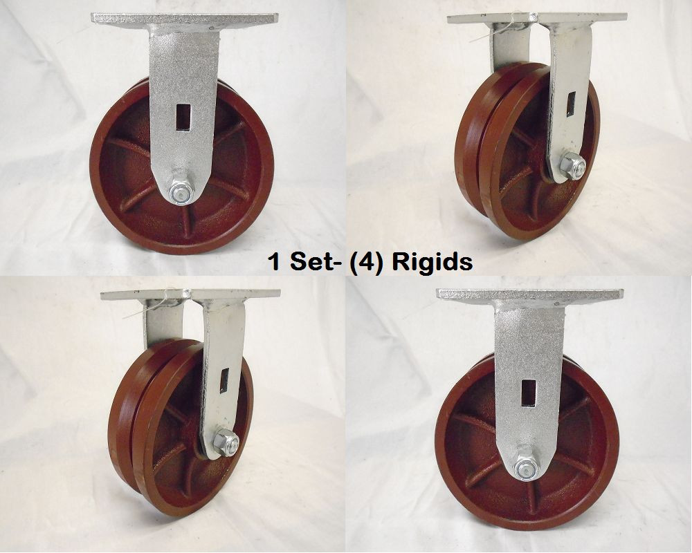 6" x 2" Rigid Caster 7/8" V-Groove Ductile Steel Wheel (4) 1500 lbs Each