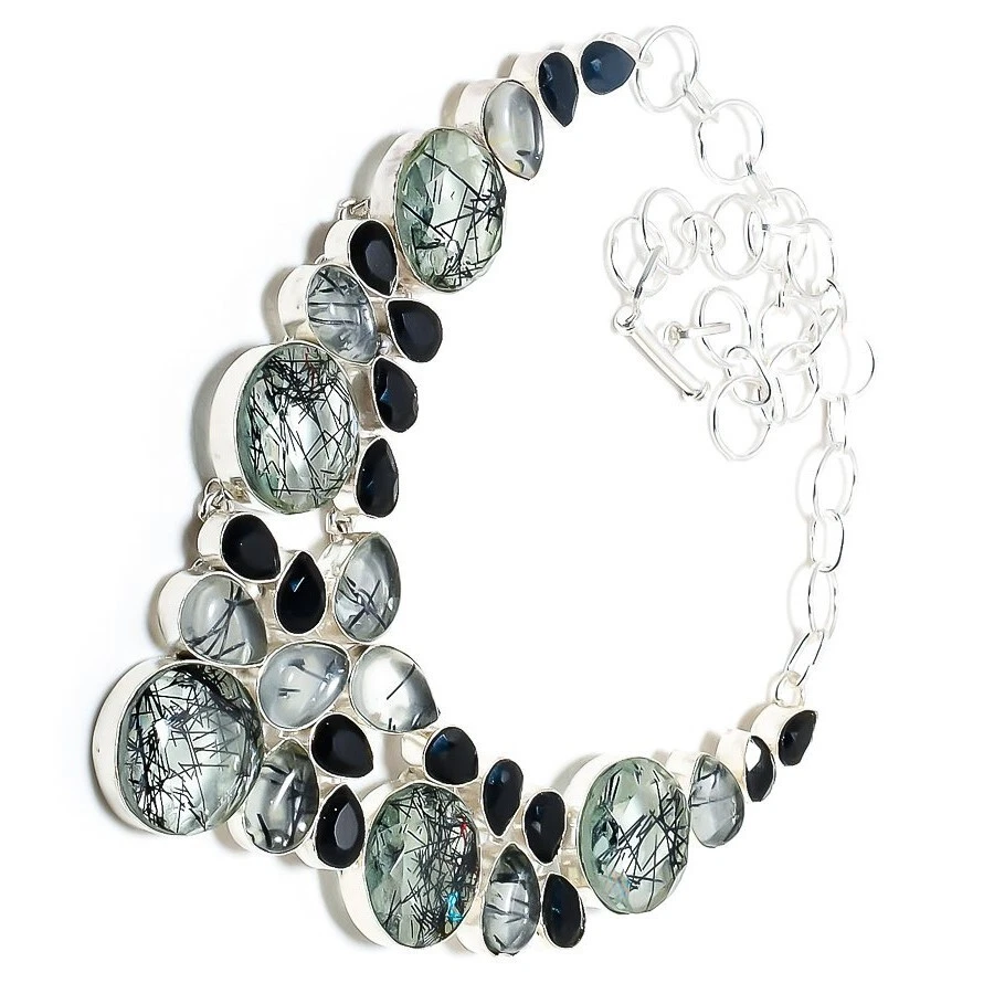 Collar de joyería hecho a mano de plata de ley 925 con piedras preciosas de cuarzo rutilado negro Foto 2 de 4