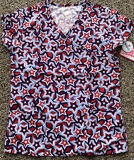 NWT Women's XS Patriotic Star Print I Love Scrubs Scrub Top