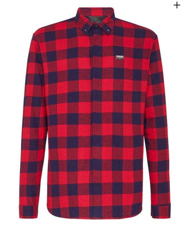 Philipp Plein Red & Blue Plaid SHIRT CRYSTAL CUT LS HEXAGON SZ XL