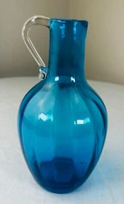 Bischoff Art Glass Hand Blown Blue Glass Ribbed Jug Pitcher Bottle MCM