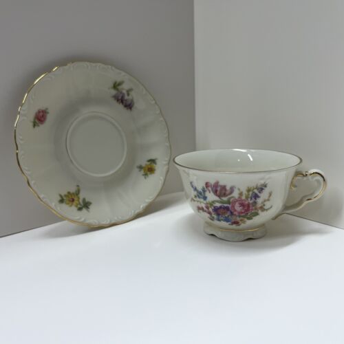Taza de té y platillo floral de porcelana de 1900 adorno dorado Checoslovaquia Moritz Zdekauer - Imagen 1 de 11