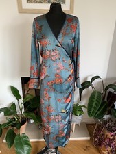 Rare Zara Floral Wrap Dress Size M Bloggers Fav Satin Blue Bird Oriental Kimono