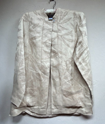 Jaeger Women Leaf Pattern Linen Blazer Top Medium Tan Pockets Lightweight Casual