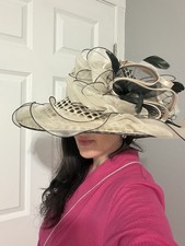 EE Designer Church Derby Hat White Black Mesh Organza Fascinator Bow One Size