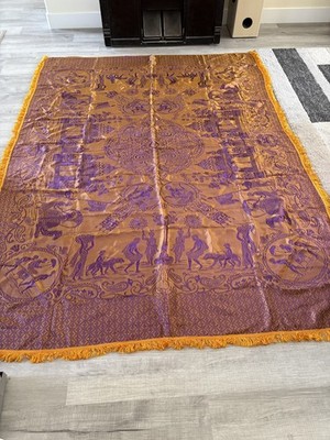 Vintage Intricate Design Fringed Bed Cover Gold Purple 70  x 96 . B-19