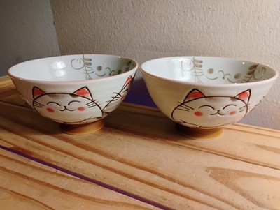 2 Rice Bowls Maneki Neko Lucky Cat Noodle Ramen Kawaii Made in Japan Kafuh 4.5''