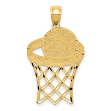 Real 14K Yellow Gold Basketball in Hoop Diamond Cut Pendant; Women & Men